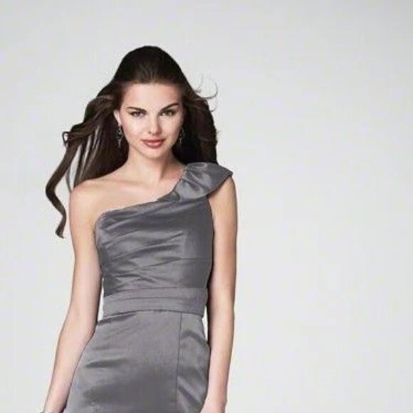 Knee-Length Satin Bridesmaids Dress, Charcoal Grey gray 1 Shoulder with ruffle - Picture 3 of 6